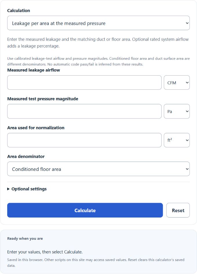 Duct Leakage Test Calculator screenshot
