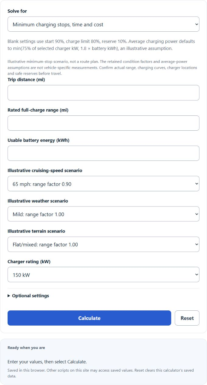 EV Road Trip Charging Stops Calculator screenshot