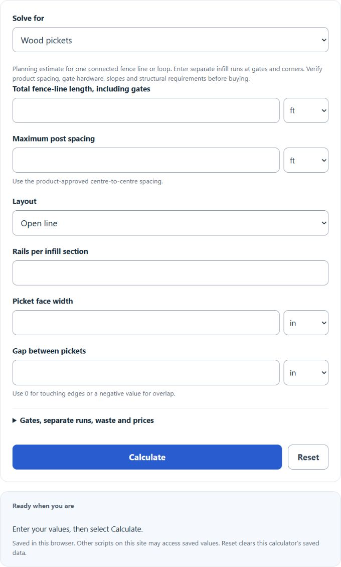 Fence Calculator – Posts, Pickets & Materials Estimate screenshot