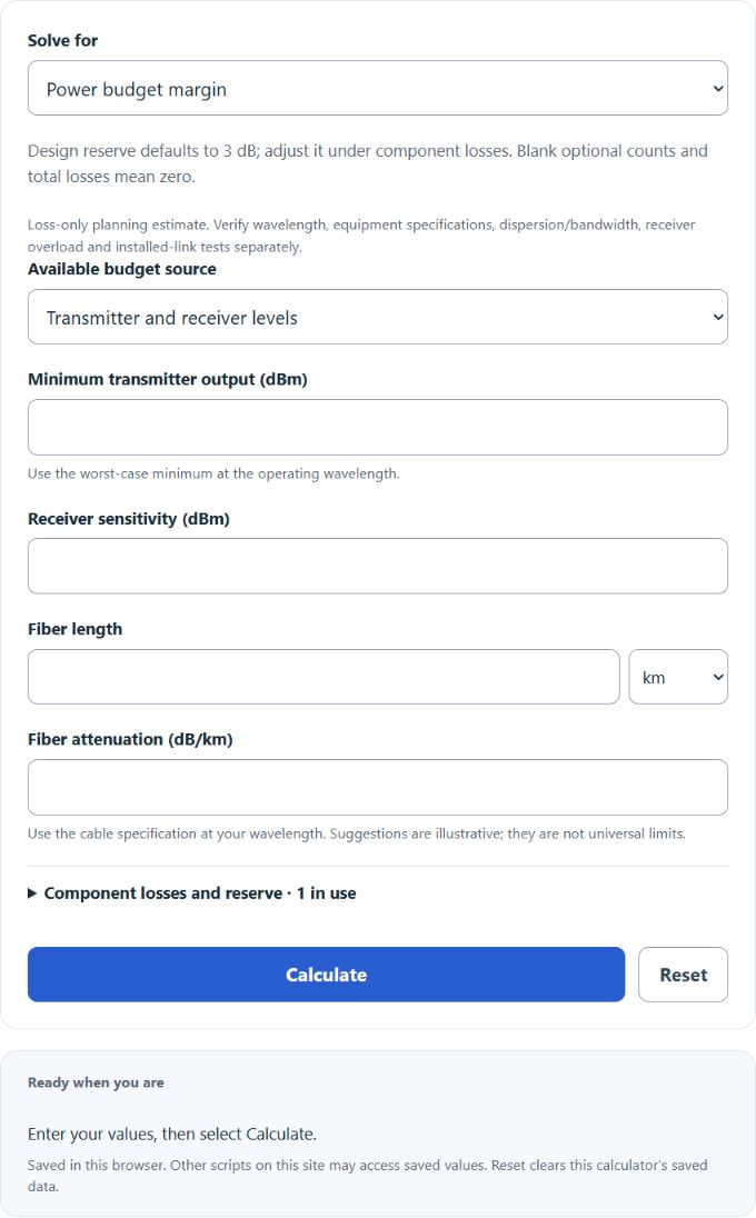 Fiber Optic Power Budget Margin Calculator screenshot