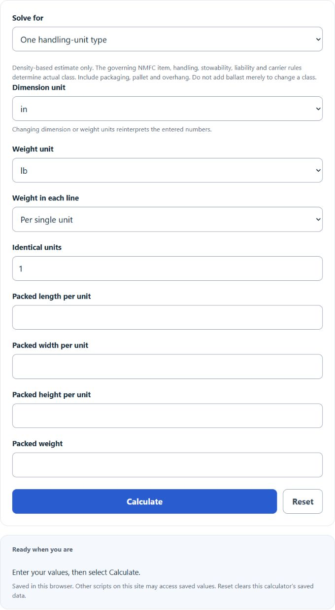 Freight Class Density Calculator screenshot