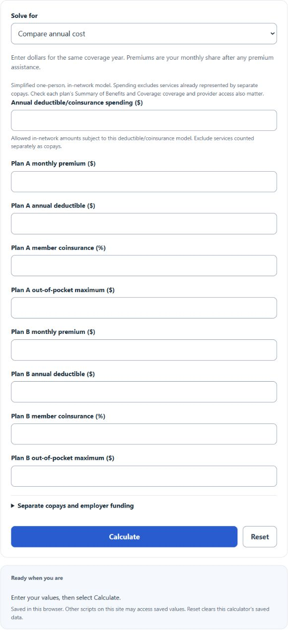 Health Insurance Plan Comparison Calculator screenshot