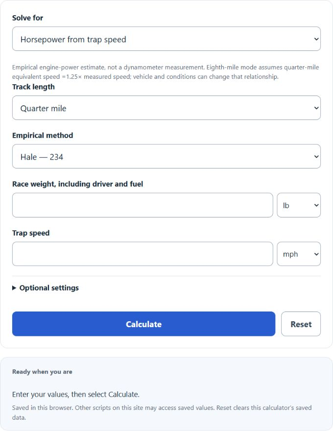 Horsepower from Trap Speed Calculator screenshot