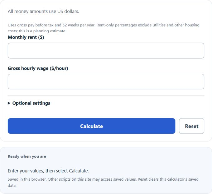 Hours to Afford Rent Calculator screenshot
