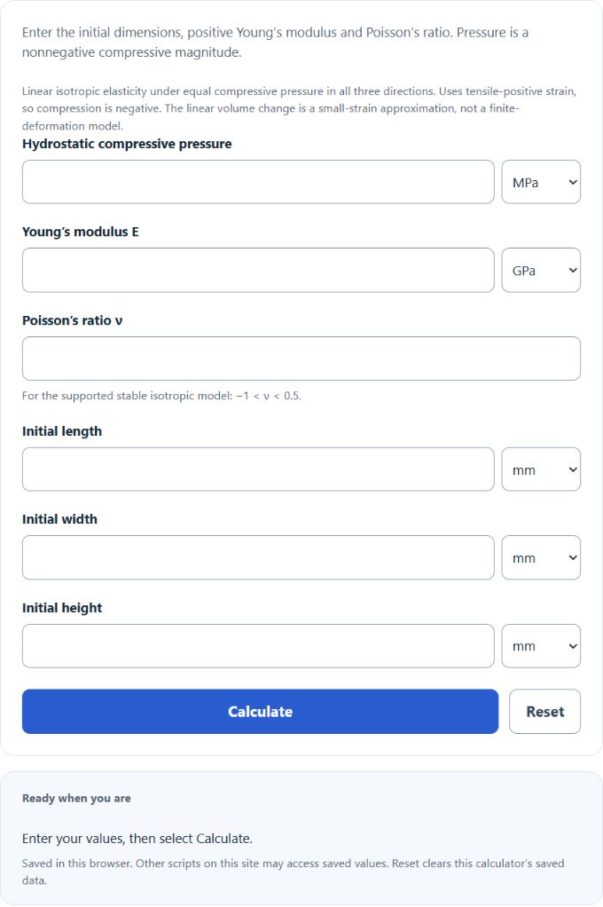 Hydrostatic Compression and Strain Calculator screenshot