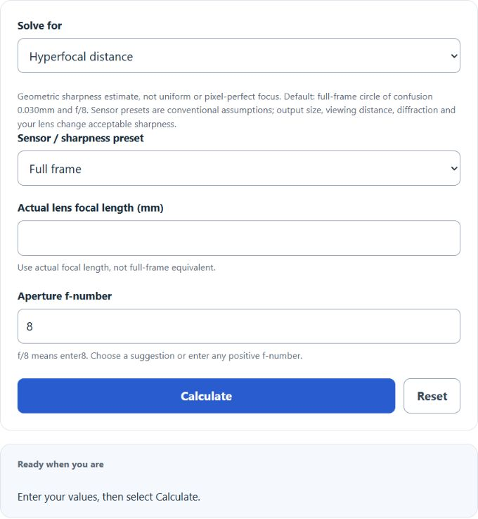 Hyperfocal Distance Calculator screenshot