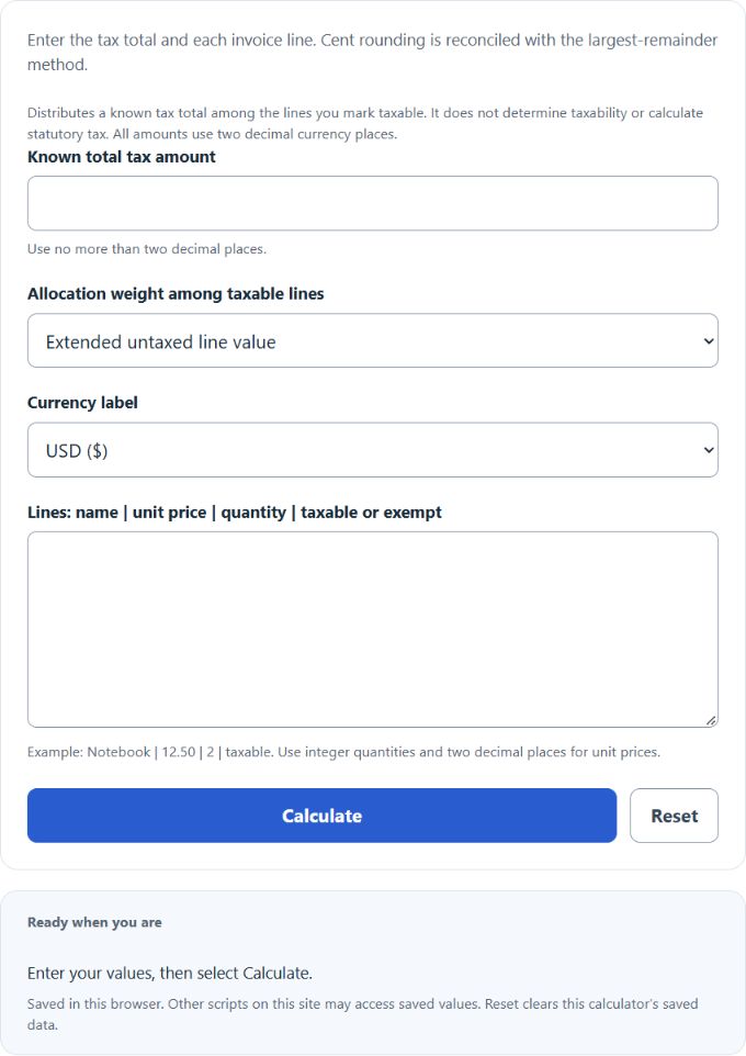Invoice Tax Allocation Calculator screenshot