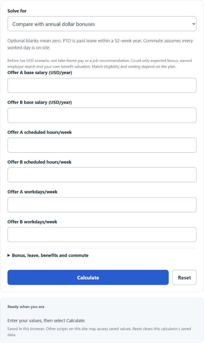 Job Offer Comparison Calculator screenshot