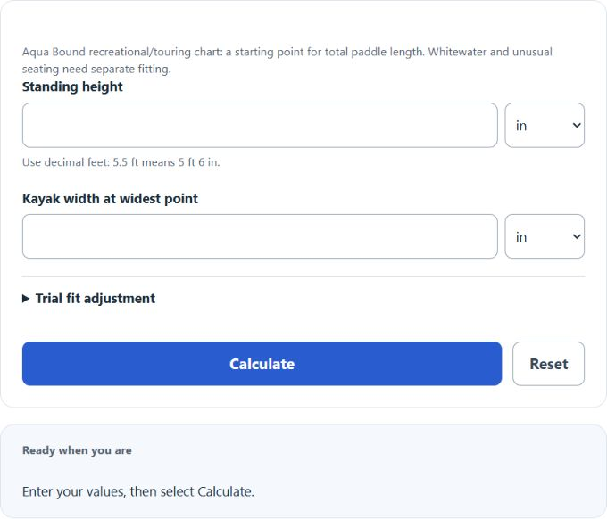 Kayak Paddle Length Calculator screenshot