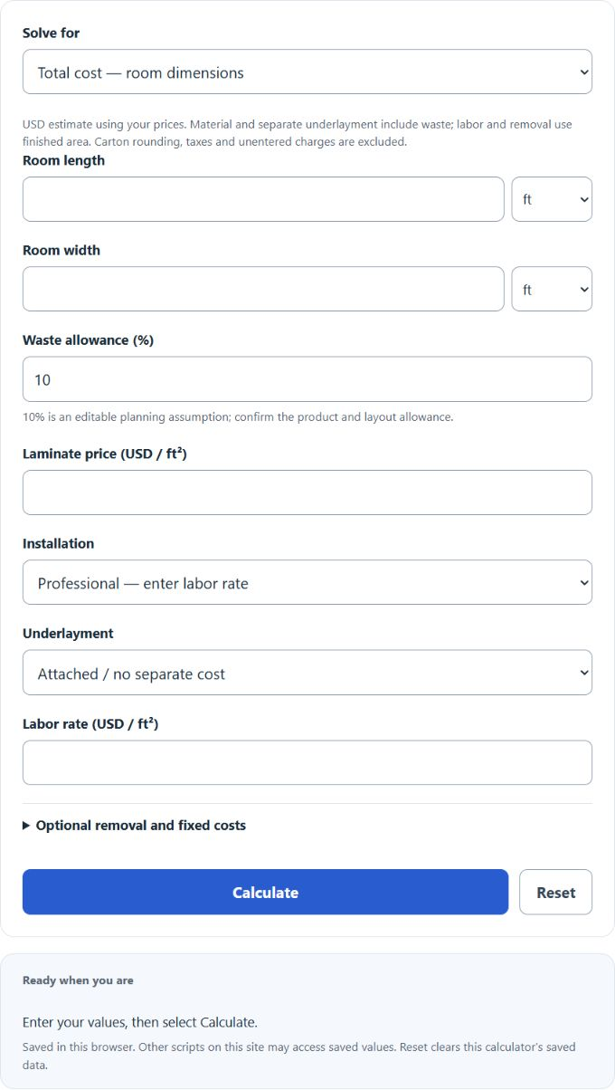 Laminate Flooring Installation Cost Calculator screenshot