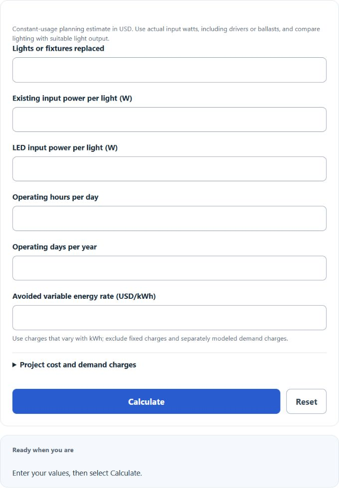 LED Lighting Savings Calculator screenshot