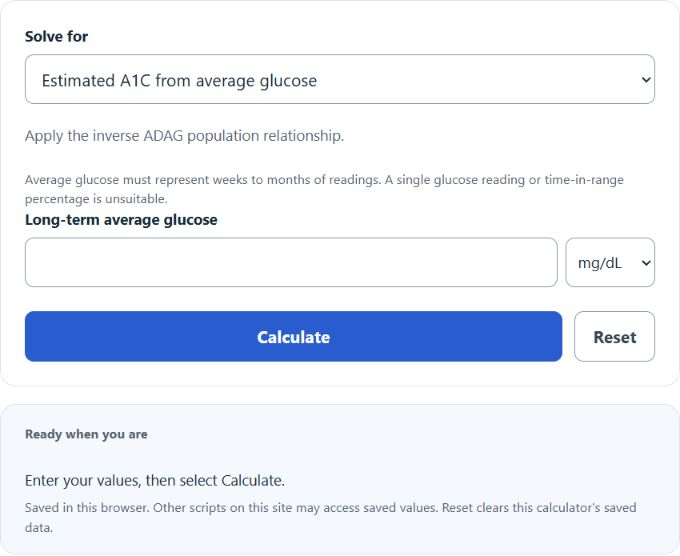 mg/dL to A1C Calculator screenshot