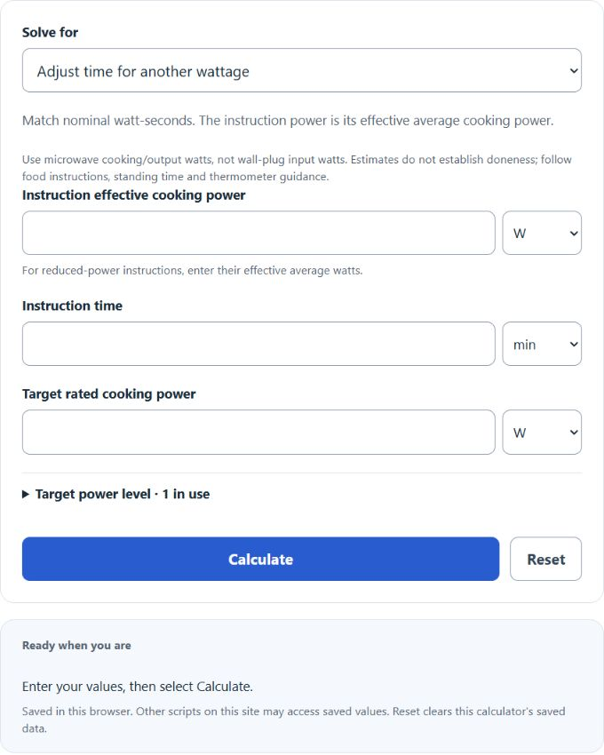 microwave watt to time Converter screenshot