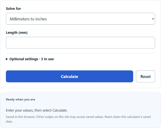 mm to Inches Calculator + Conversion Chart & Formula screenshot