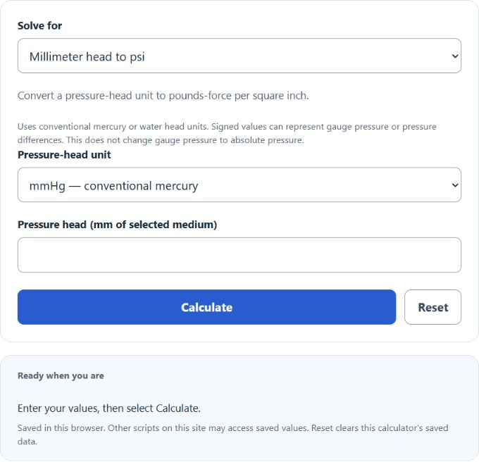 mm To psi Calculator screenshot