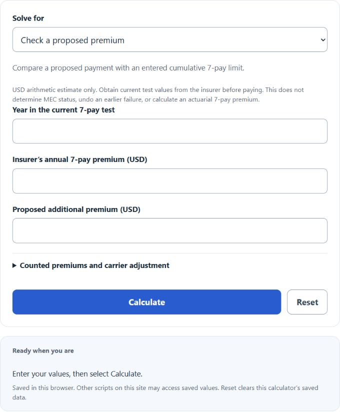 Modified Endowment Contract Calculator screenshot