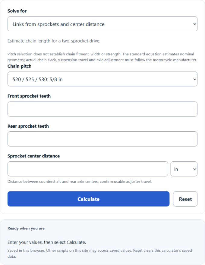 Motorcycle Chain Length Calculator screenshot