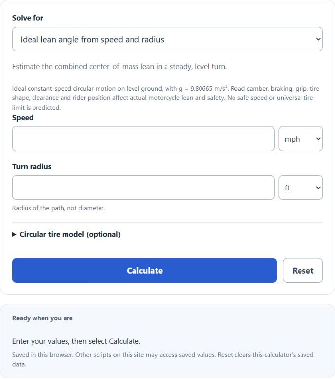 Motorcycle Lean Angle Calculator screenshot