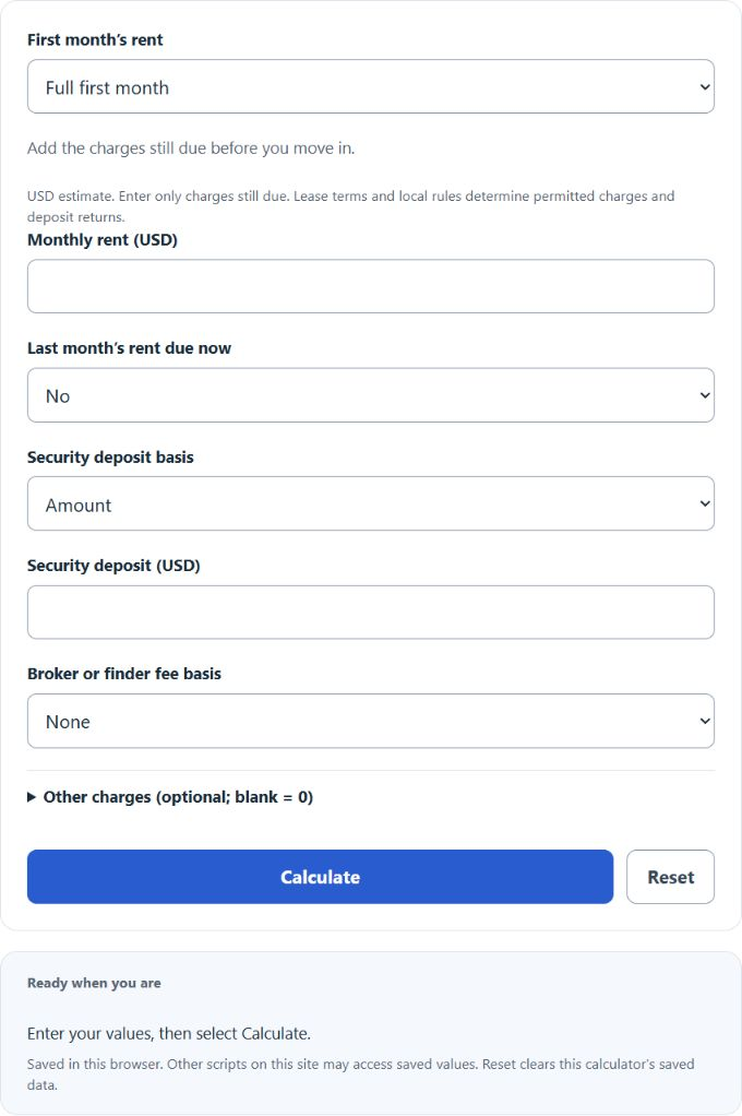 Move-In Cost Calculator screenshot