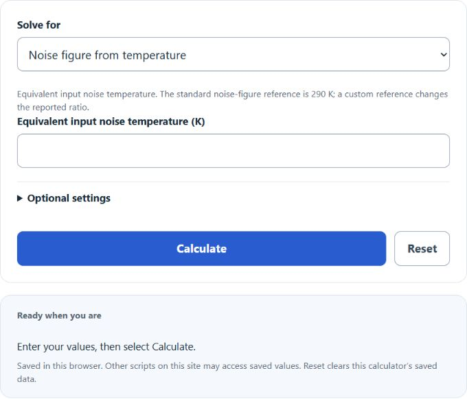 Noise Temperature To Noise Figure Calculator screenshot