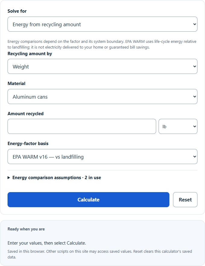 Recycling Energy Savings Calculator screenshot