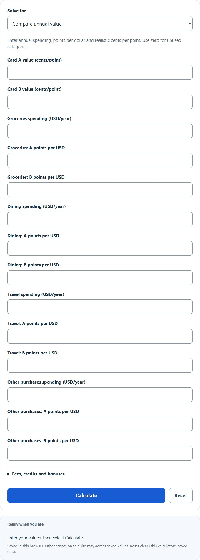 Rewards Card Comparison Calculator screenshot