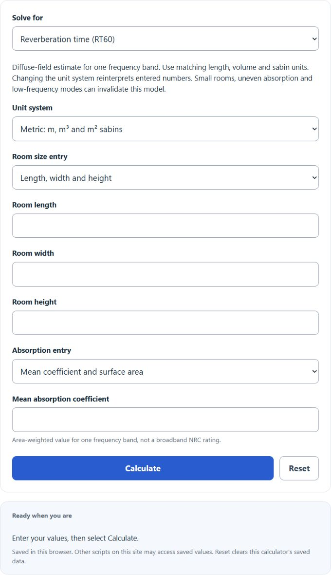 Sabine Reverberation Time Calculator screenshot