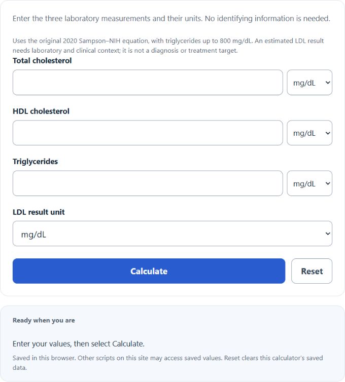 Sampson–NIH LDL Cholesterol Calculator screenshot