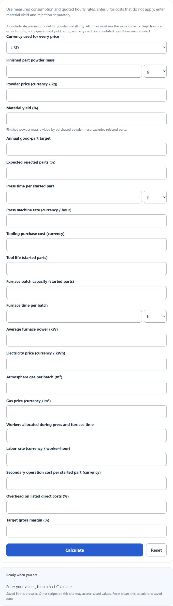 Sintering Process Cost Calculator screenshot