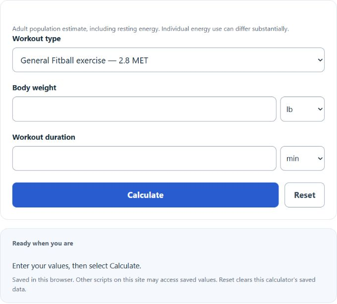 Stability Ball Workout Calorie Calculator screenshot