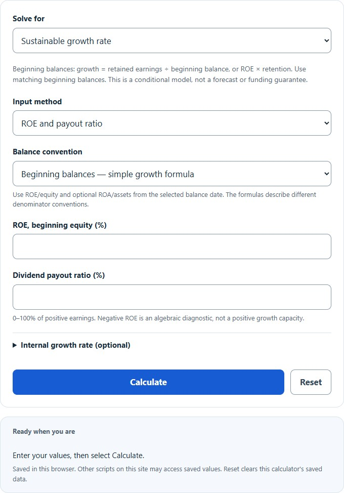 Sustainable Growth Rate Calculator screenshot