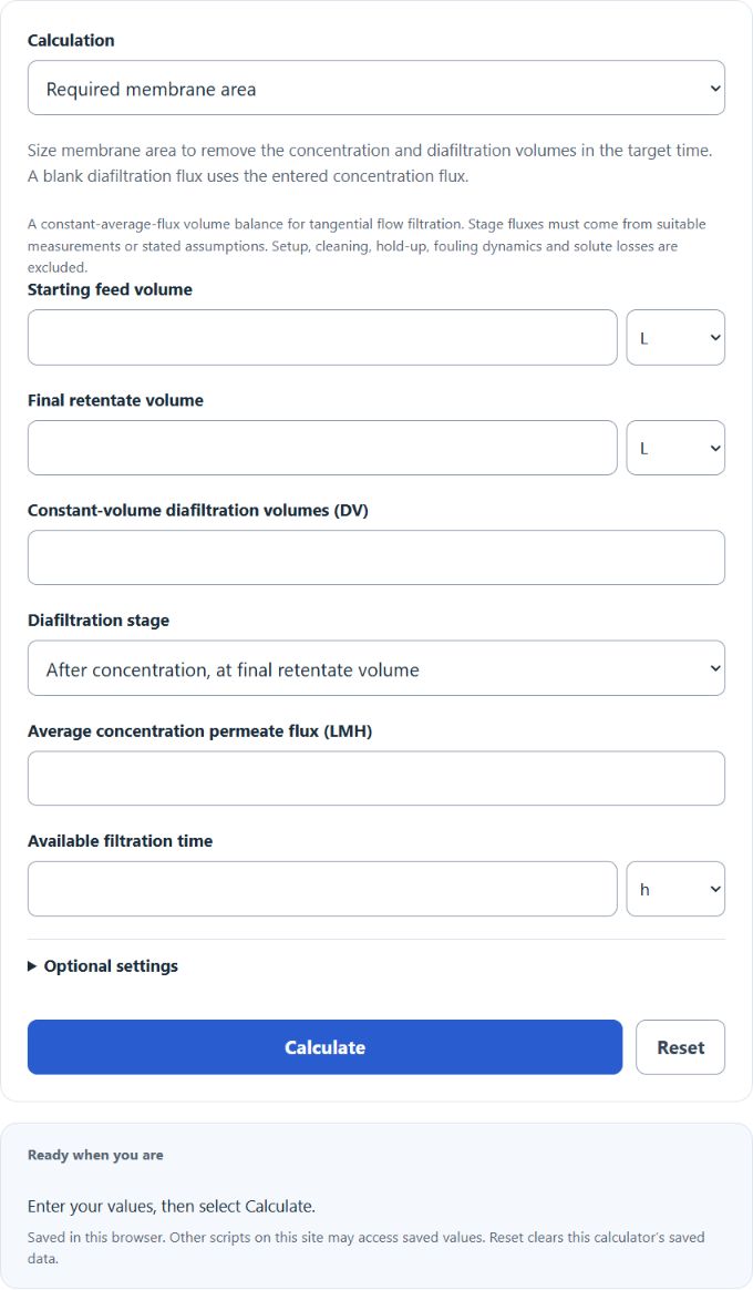 TFF Membrane Area and Scale-Up Flux Calculator screenshot